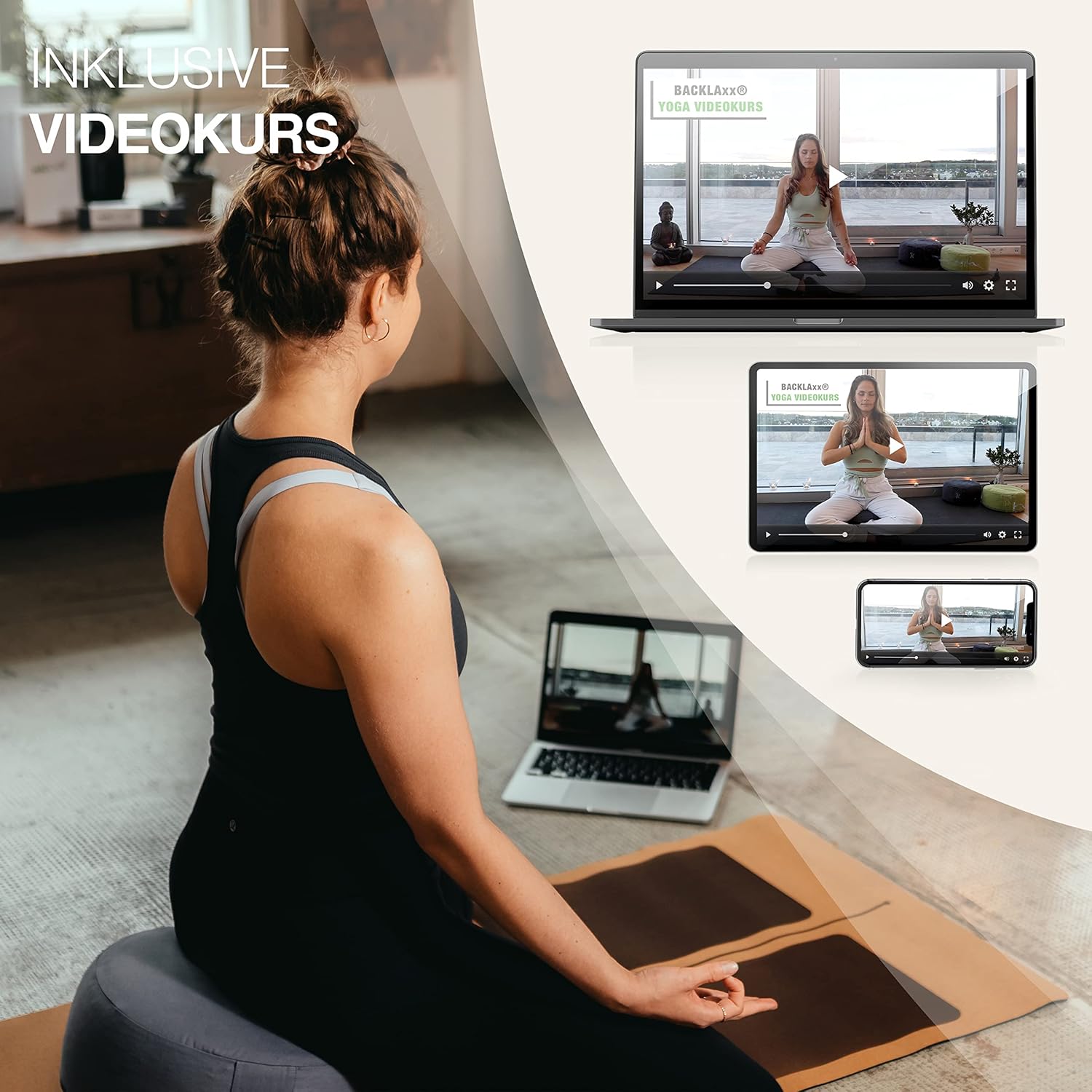 BACKLAXX ® Yoga Kissen, Meditationskissen XL Ø35cm [30% mehr Sitzfläche], 15cm hoch mit Buchweizenfüllung, perfektes Meditation Zubehör, Yogakissen rund inkl. Videokurs - Pouf Sitzkissen Boden