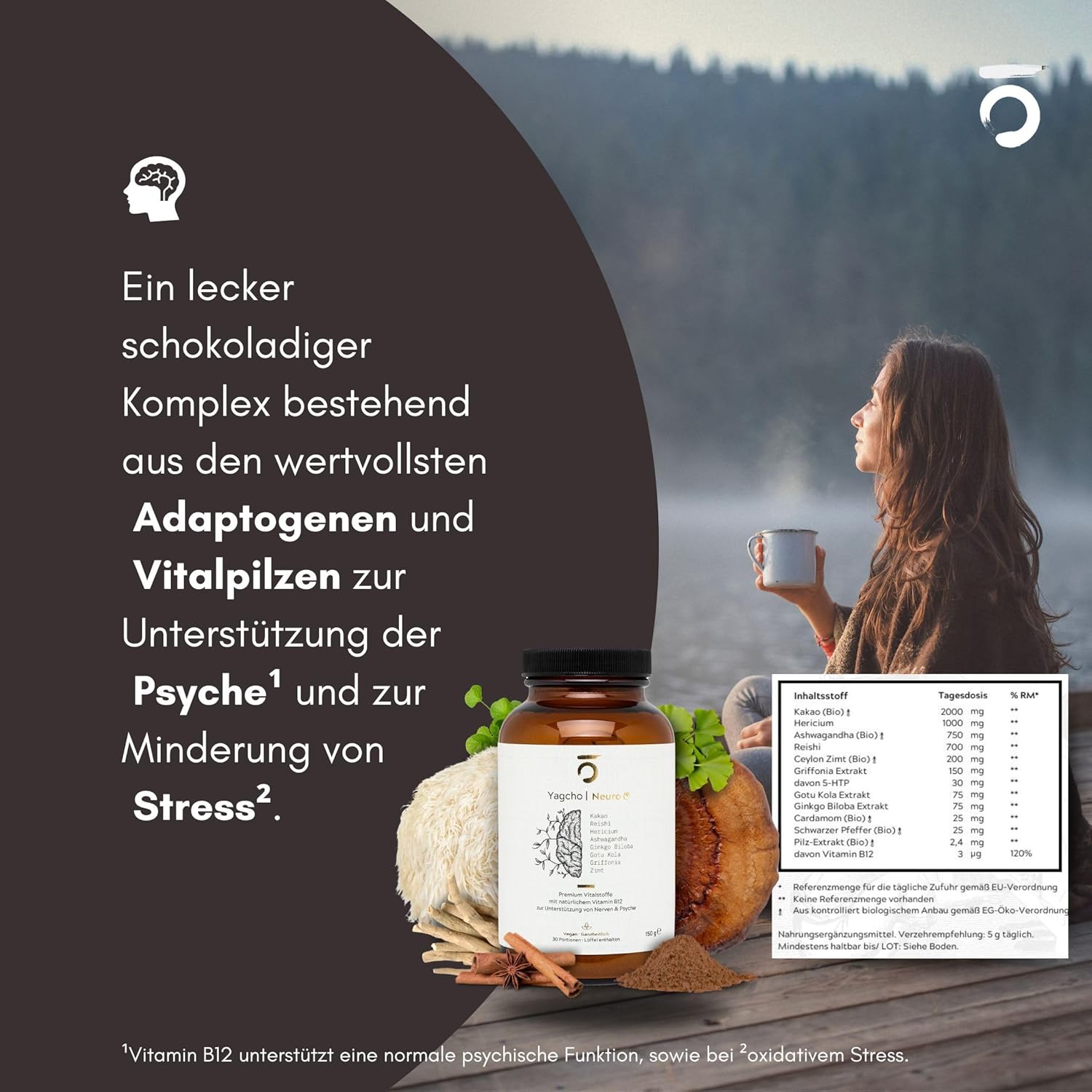 Yagcho – Ashwagandha Komplex 12x150g I Mit Reishi, Rosenwurz & Cordyceps I Ohne Zusatzstoffe – vegan & laborgeprüft I Adaptogene Kombination für deinen Alltag – Nahrungsergänzung