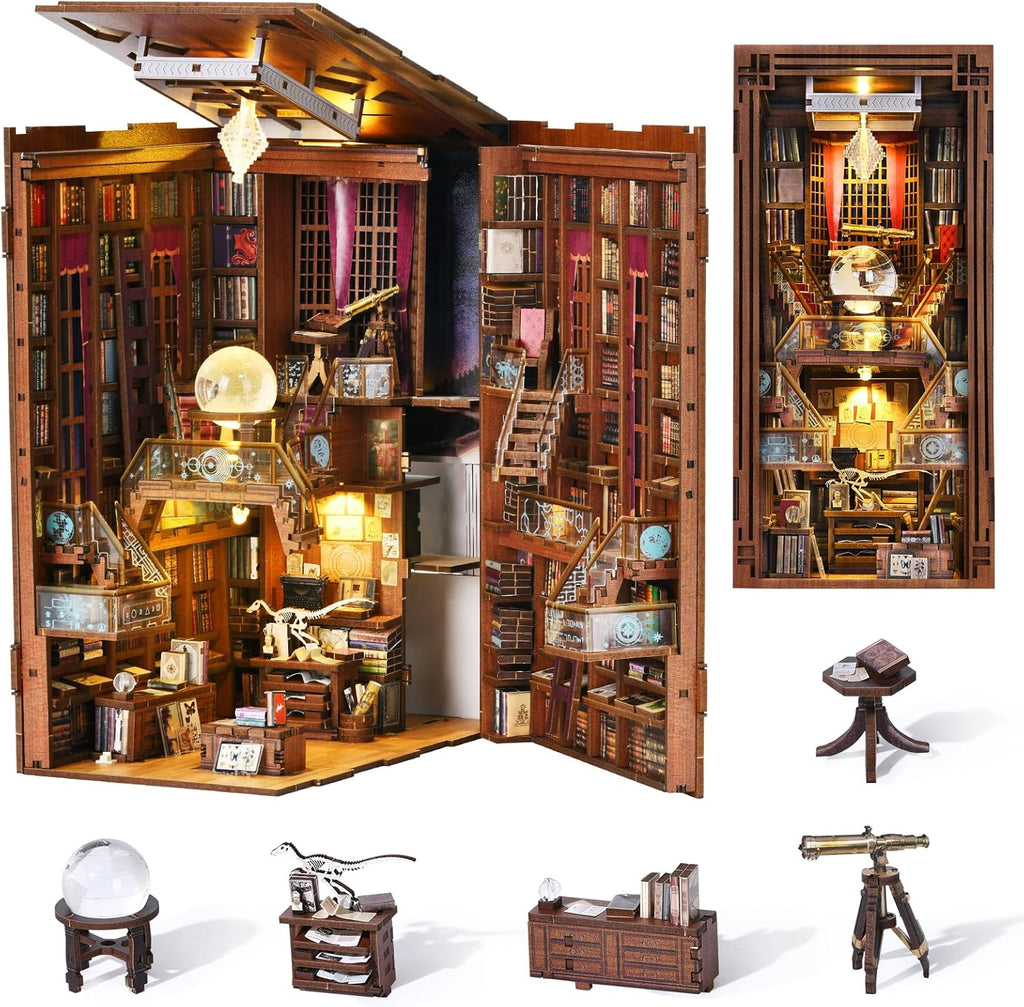 Book Nook Kit, DIY Miniatur Puppenhaus Booknook Kit, 3D Wooden Puzzle Bookend Bookshelf Insert Decor mit LED-Licht und Staubschutzhülle für Jugendliche und Erwachsene (Beyond Library)