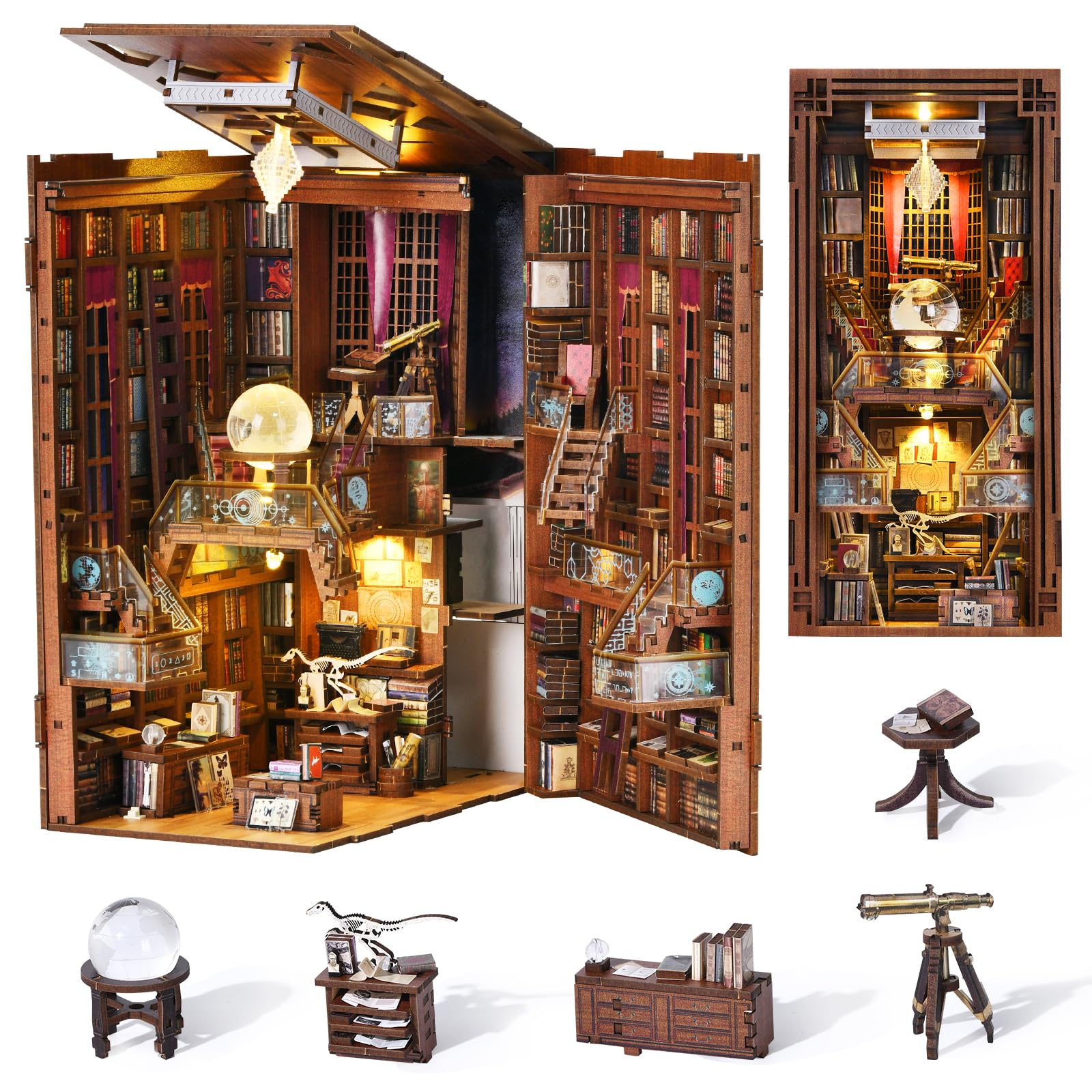 Book Nook Kit, DIY Miniatur Puppenhaus Booknook Kit, 3D Wooden Puzzle Bookend Bookshelf Insert Decor mit LED-Licht und Staubschutzhülle für Jugendliche und Erwachsene (Beyond Library)