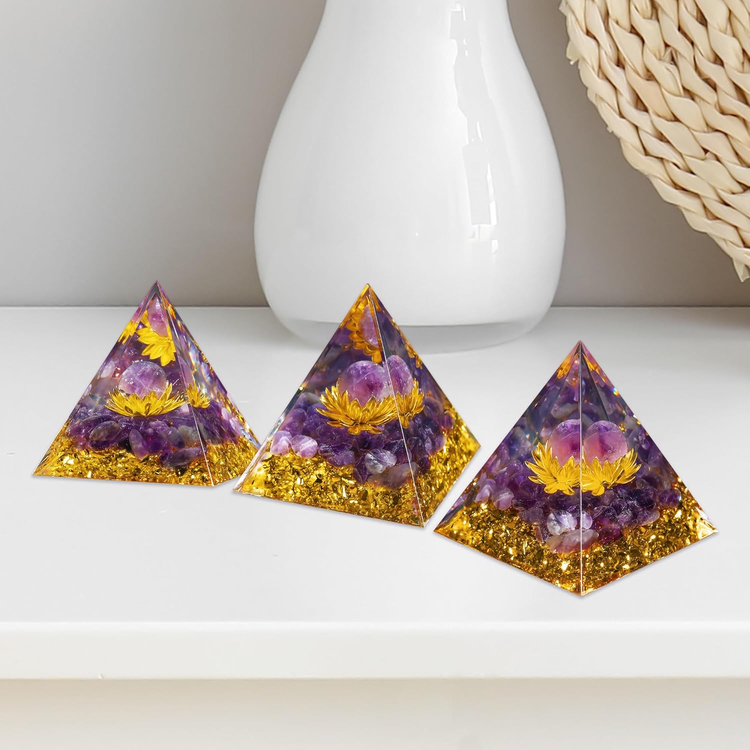 Hejo Pyramide Kristall, Amethyst Energiekristall Orgonit Pyramide, Blume des Lebens Kristall Orgonit Pyramiden, Heilung Kristall Geschenke, Natur Reiki Kristalle für Heilung Chakra Meditation