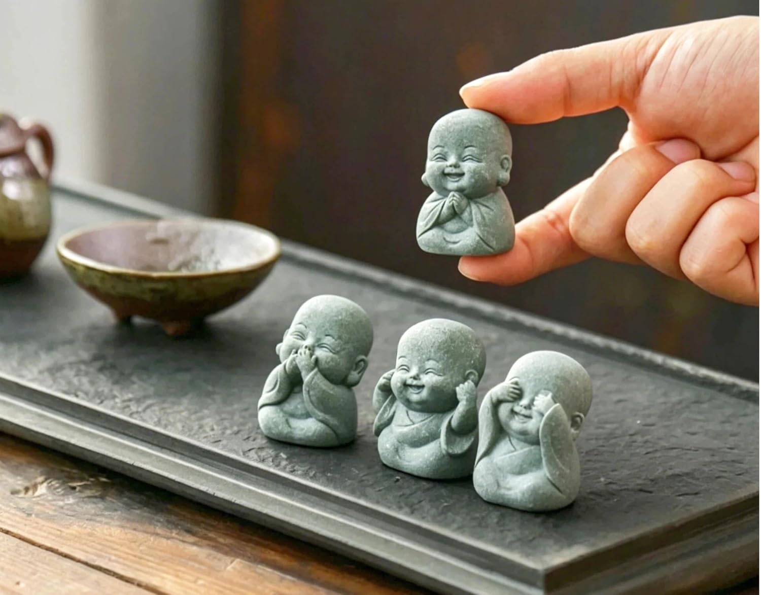 4-in-1 Mini Buddha Statue Set - See/Hear/Speak/Think No Evil, Zen Feng Shui Decor for Home, Aquarium, Garden, Office - Spiritual Resin Figurines with Blessing Amulet (Mini Buddha Statue)