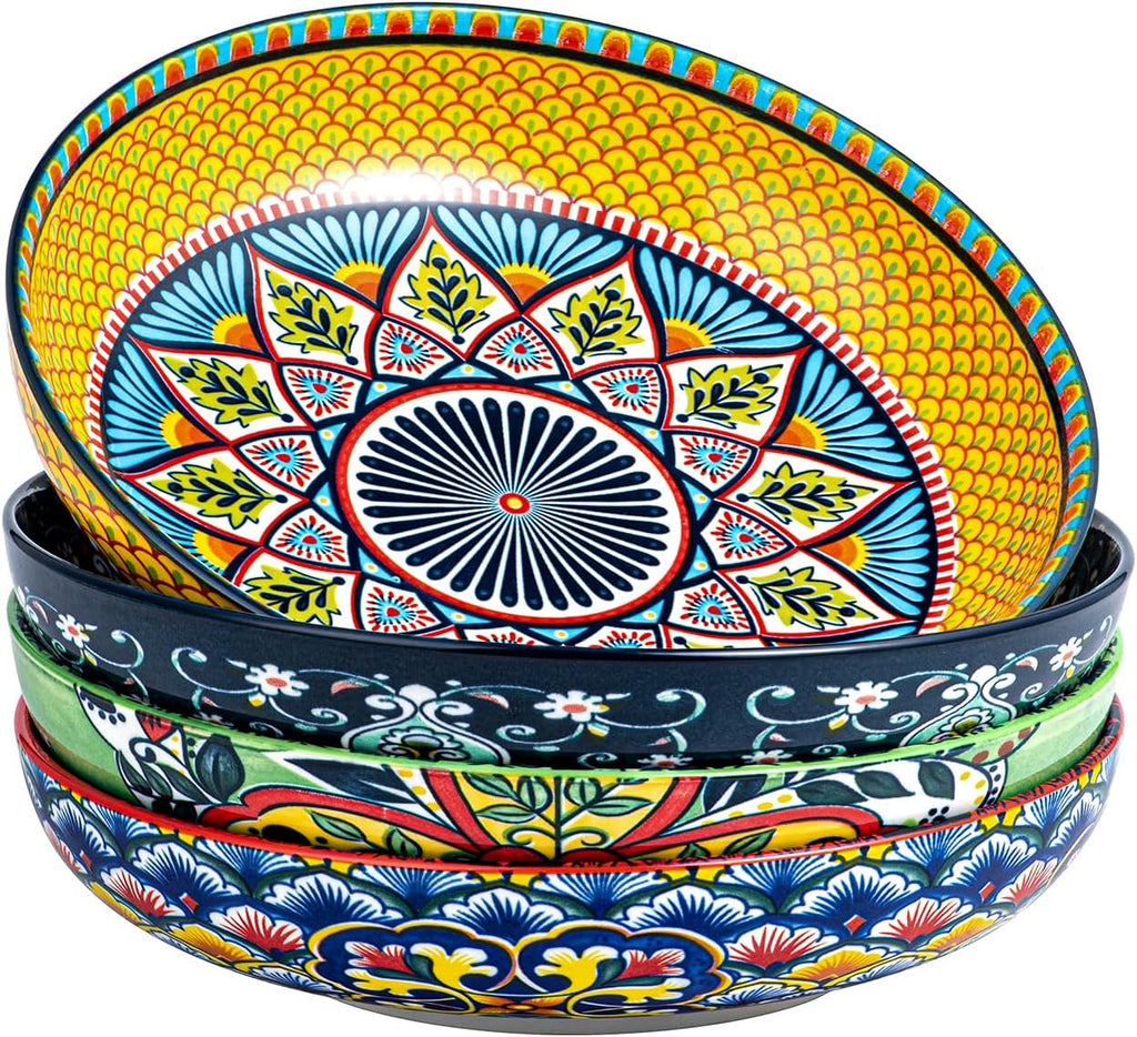 HENXFEN LEAD Salatschüsseln Porzellan, Suppenteller Pastateller Pastaschüssel, Große Servierschalen für Pasta, Nudeln, Salat, Suppe usw. Bunte, 4er Pack - Bohemian Style