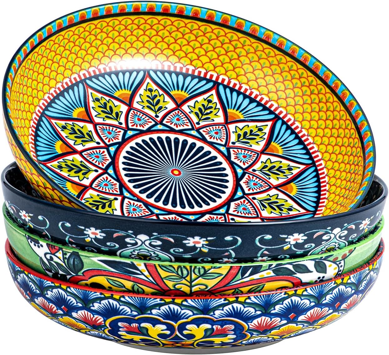 HENXFEN LEAD Salatschüsseln Porzellan, Suppenteller Pastateller Pastaschüssel, Große Servierschalen für Pasta, Nudeln, Salat, Suppe usw. Bunte, 4er Pack - Bohemian Style