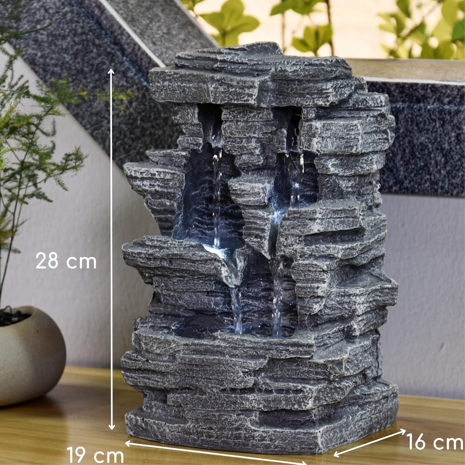 Zen'Light - Zimmerbrunnen Grand Canyon - Wasserfall in Steinoptik - Weiße LED-Beleuchtung - Moderne Zen Deko, Ideal für Meditation & Entspannung - Feng Shui - H 28cm, Grau
