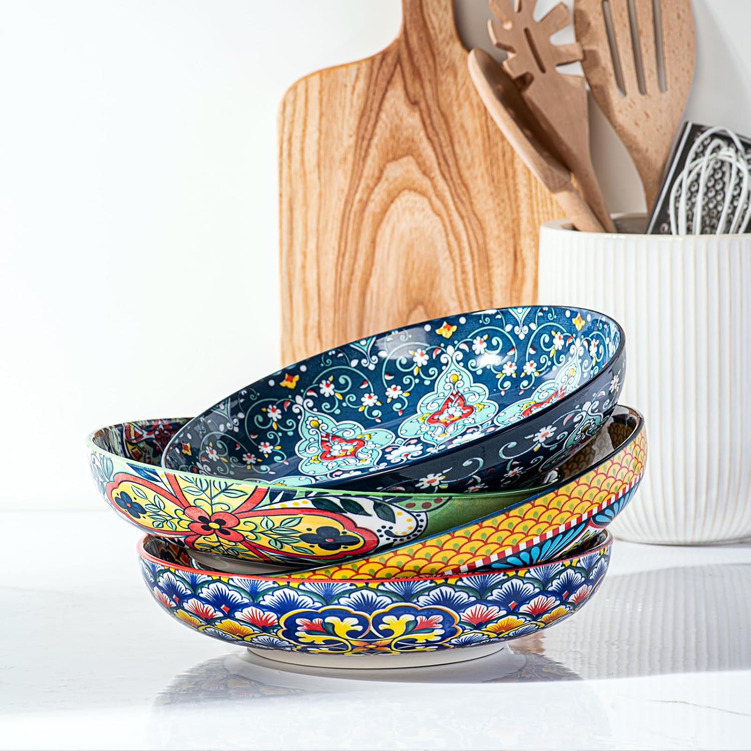 HENXFEN LEAD Salatschüsseln Porzellan, Suppenteller Pastateller Pastaschüssel, Große Servierschalen für Pasta, Nudeln, Salat, Suppe usw. Bunte, 4er Pack - Bohemian Style