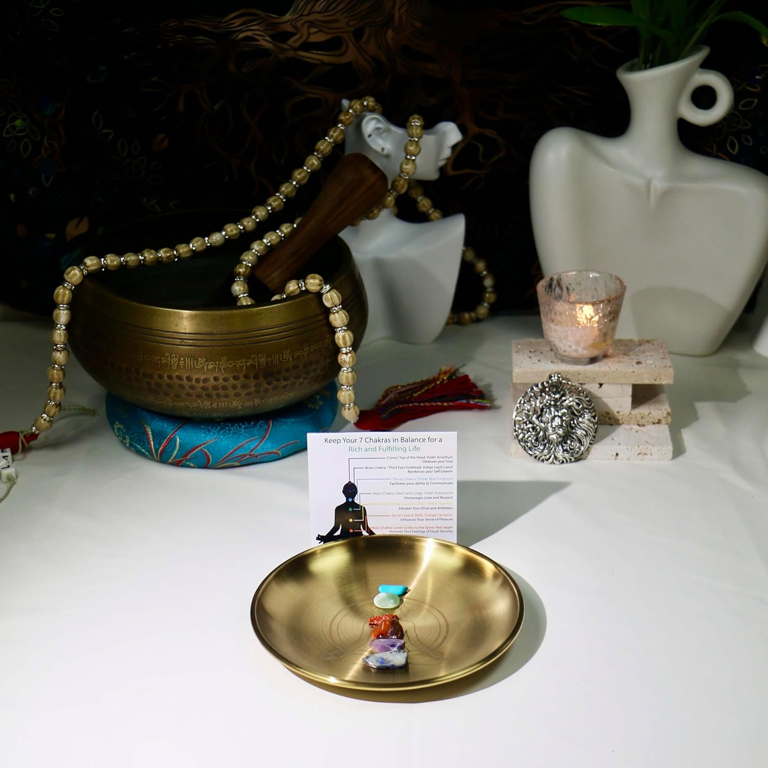 Amitofo Golden Prayer Ritual Bowl with Chakra Gemstone Ideal for Altar, Meditation, Incense Sticks, Smudging, Candles, Crystal, Jewelry, Yoga (Chakra)