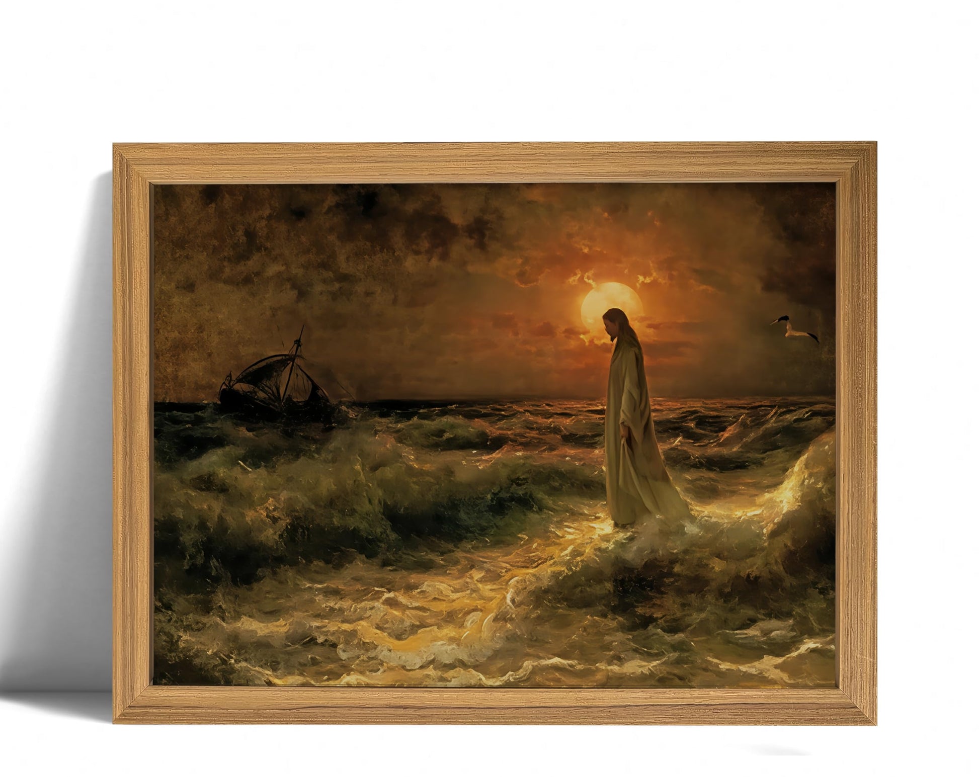 Praying Angel Wall Art – Spiritual Canvas Print, Colored Winged Angel Oil Painting Style Christian Religious Picture poster，Spiritual Blue and Pastel Tones Wall Decor for Bedroom, Prayer Room, Christian Gift, Wood Frame 12x16in