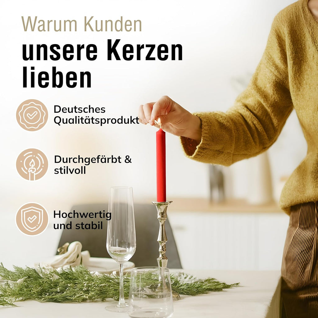 Stabkerzen Rot, 10 Stück, 180mm x 22mm, Durchgefärbte Spitzkerzen, 8+ Stunden Brenndauer, Made in Germany - Ohne Tropfen & Rußen - Unparfümierte und RAL-Zertifizierte Tafelkerzen