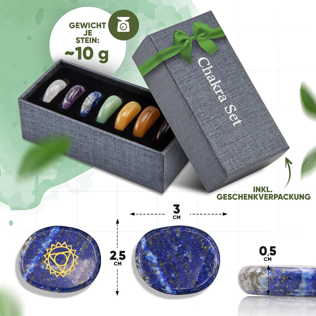 PURAJA Premium Chakra Set mit den 7 wichtigsten Edelsteinen | Heilsteine Set aus echten Edelsteinen | Chakren Steine mit eingravierten Symbolen | Handgefertigte Heilsteine für Meditation