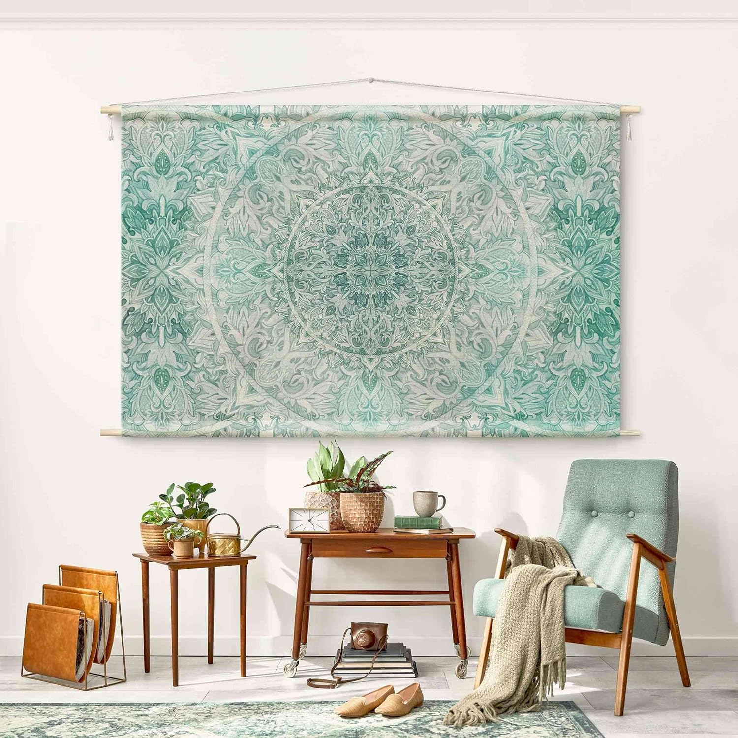 micasia Wandteppich Spirituell Stoffbild inkl. Holzstäbe & Seile Wanddeko - Made in Germany - Mandala Aquarell türkis Wohnzimmer Schlafzimmer Wandbehang 1593 (90x60cm)