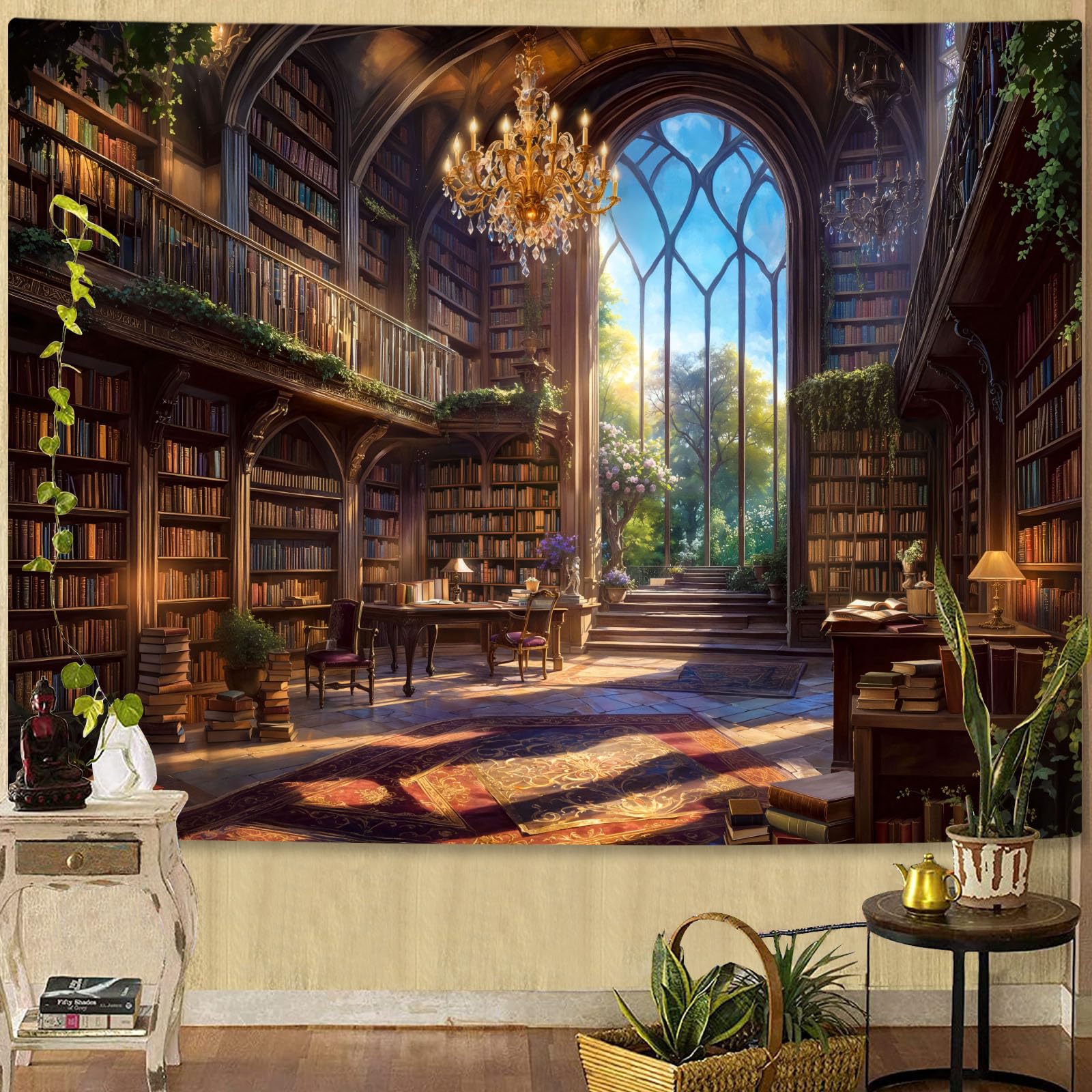 Accnicc Forest Library Tapestry Tree Bookshelf Tapestries Wall Hanging Vintage Fantasy Fairy Treehouse Book Large Tapestry for Bedroom Living Room Dorm Classroom 80 x 60 inch