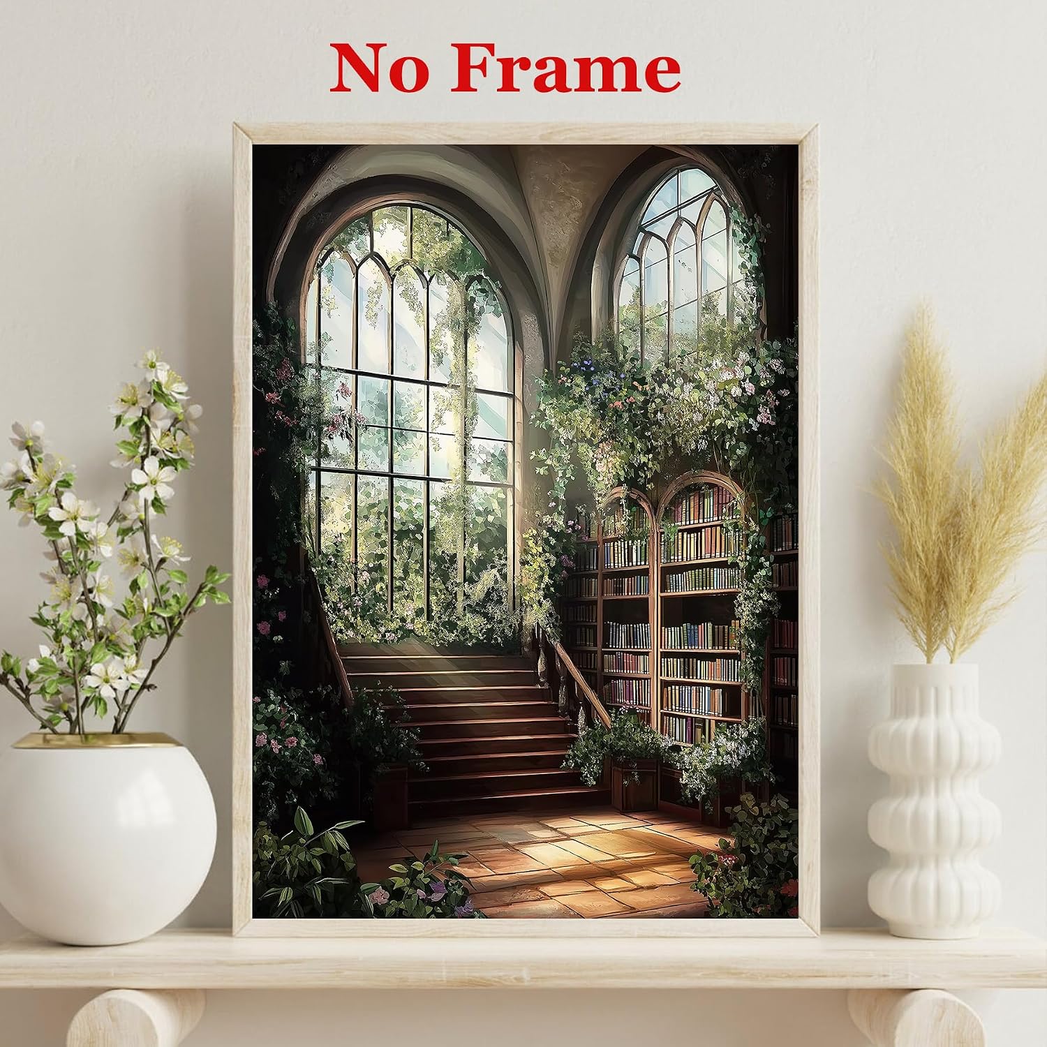 Gothic Library Wall Art Dark Academia Books Posters Moody Botanical Wildflower Wall Art Retro Green Paintings Victorian Library Prints Aesthetic Bookish Pictures for Bookstore Decor 16x24in No Frame