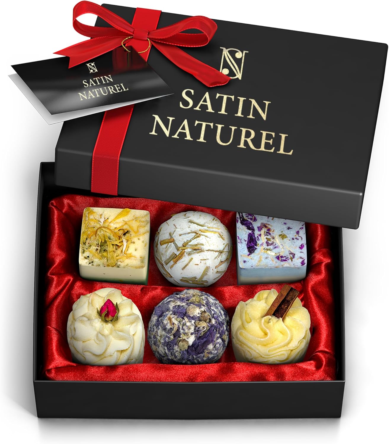 Satin Naturel 6er Set BIO Badebomben – Vegane Wellness Geschenkbox für Sie – Luxuriöse Badekugeln – Geburtstagsgeschenk für Frauen