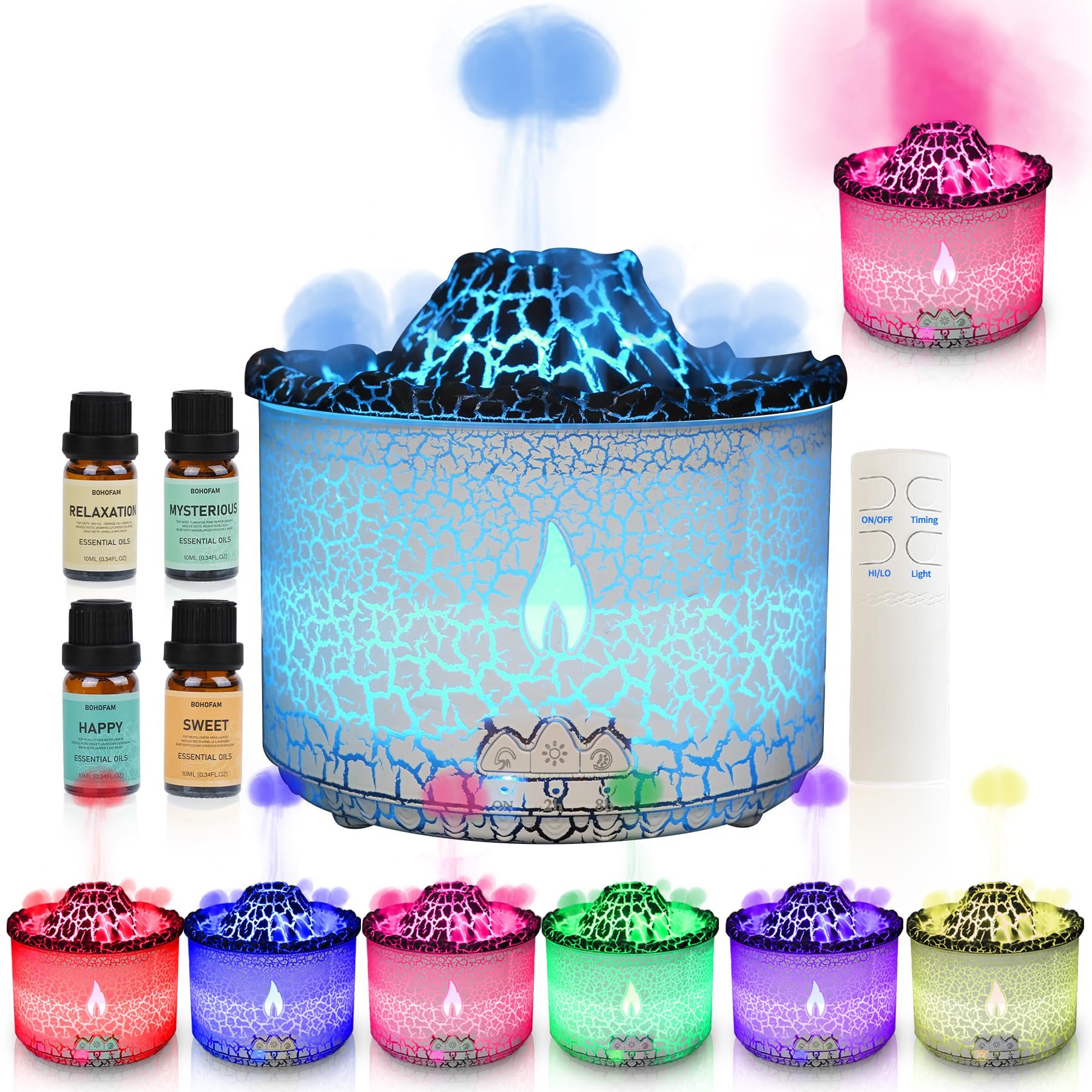 BOHOFAM Aroma Essential Oil Diffuser 360 ML,Volcano and Flame Diffuser/Humidifier,give1.76 oz Hotel Collection Essential Oils,Blue/red Light Selection,Diffusers for Home,Large Room(Black Cracks)