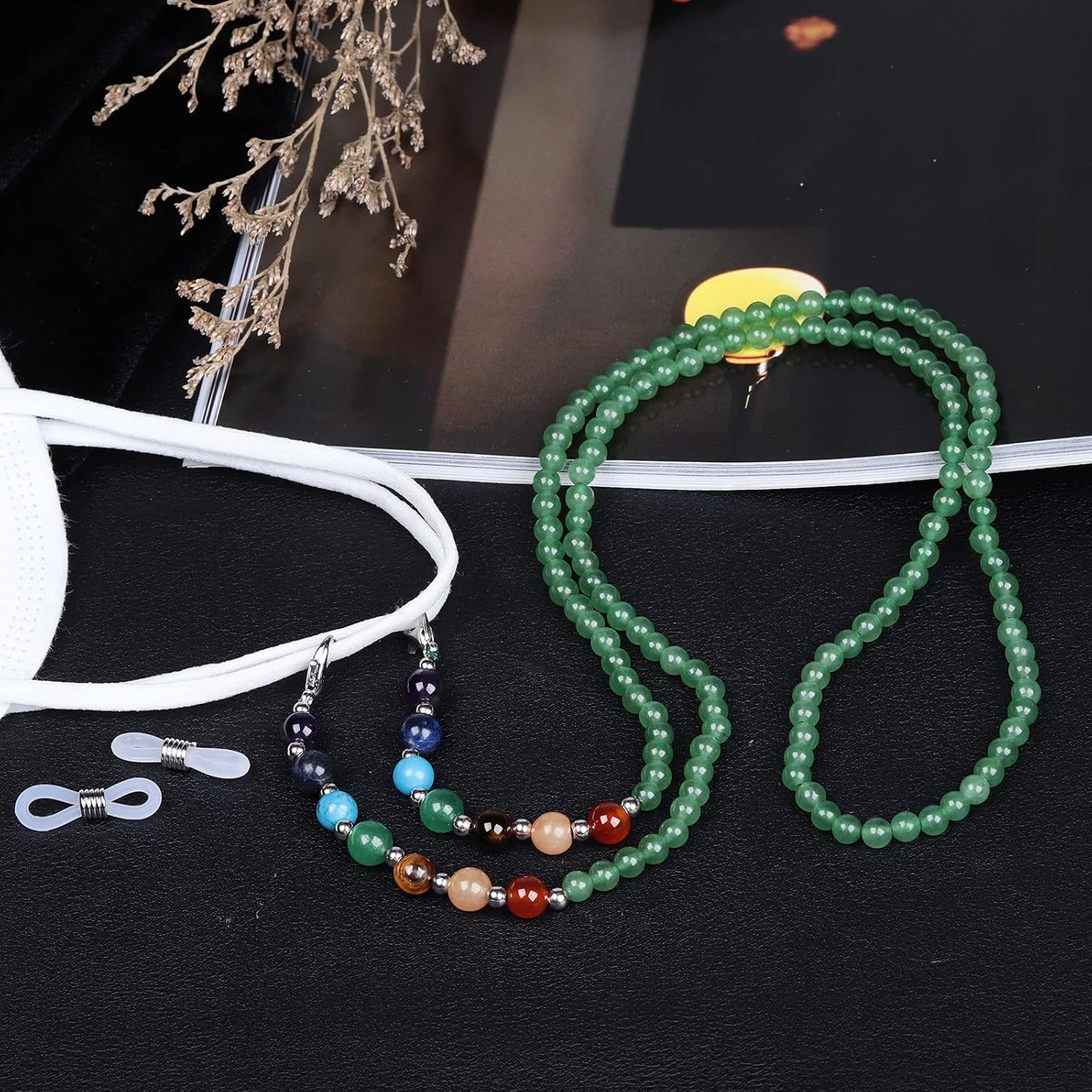 Nupuyai 7 Chakra Stein Perlen Brillenkette Damen Kristall Sonnenbrillenkette Gesichtsmaske Kette Edelstein Brillenband Brillenkordel Brillenhalter für Lesebrillen, Myopiebrille