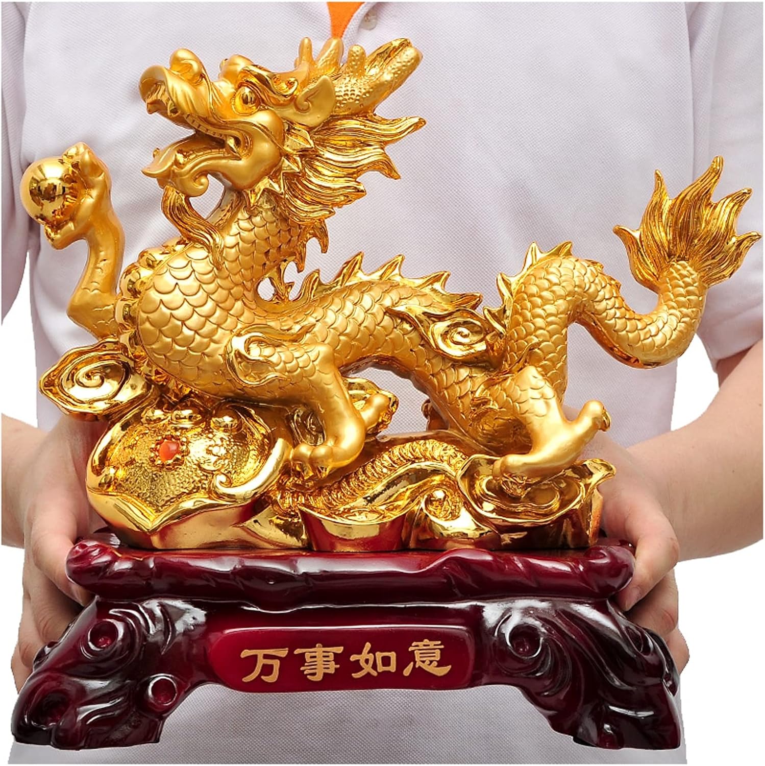 Uziqueif Feng Shui Geld Glück Glücklicher Vermögen Reichtum Chinesische Drache Statue Münze Home Büro Dekoration Tischtischornamente Gute Glücksgeschenke, Harz,Gold,33 * 17 * 31cm