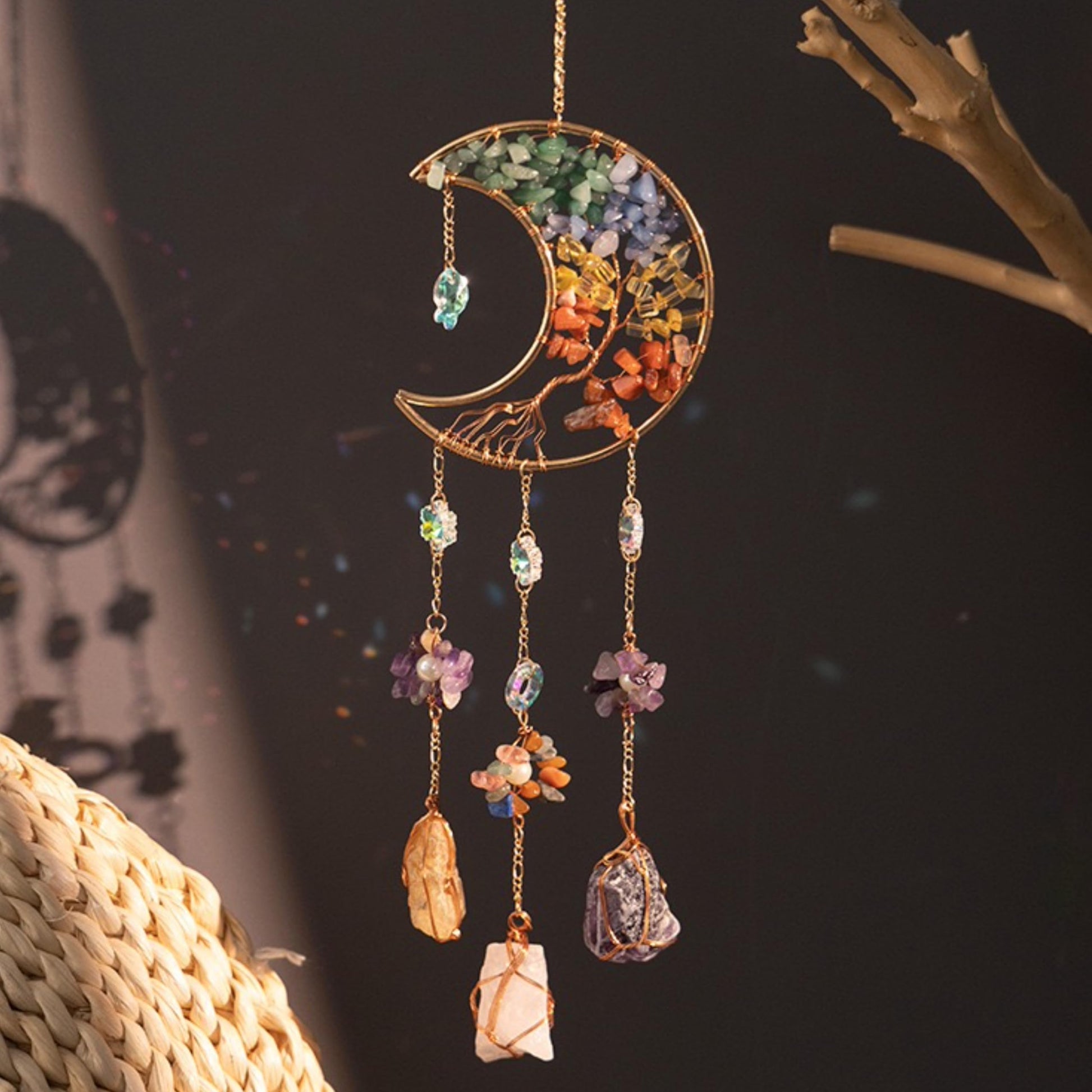 Crystals Tree of Life Dream Catcher, Natural Gemstone Agate Chakra Sign, Wall Hanging, Home Decoration for Meditation, Yoga Wall Art, Mandala Ornaments for Bedroom (7 Chakra Crystals)