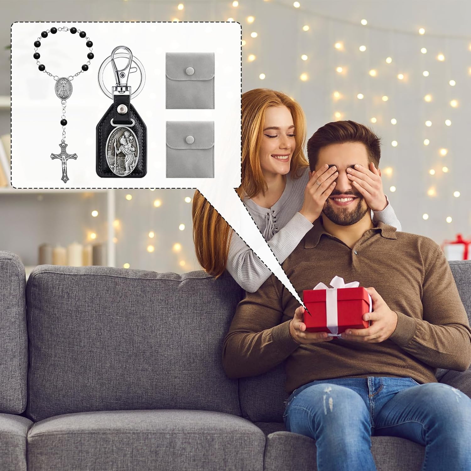 Autorosenkranz Katholisch Anhänger Für Spiegel mit Heiliger Christophorus Schlüsselanhänger Samt Geschenkbeutel Gebetskette Christlich Auto Schutzpatron Autofahrer Auto-Hängezubehör Für Damen Herren