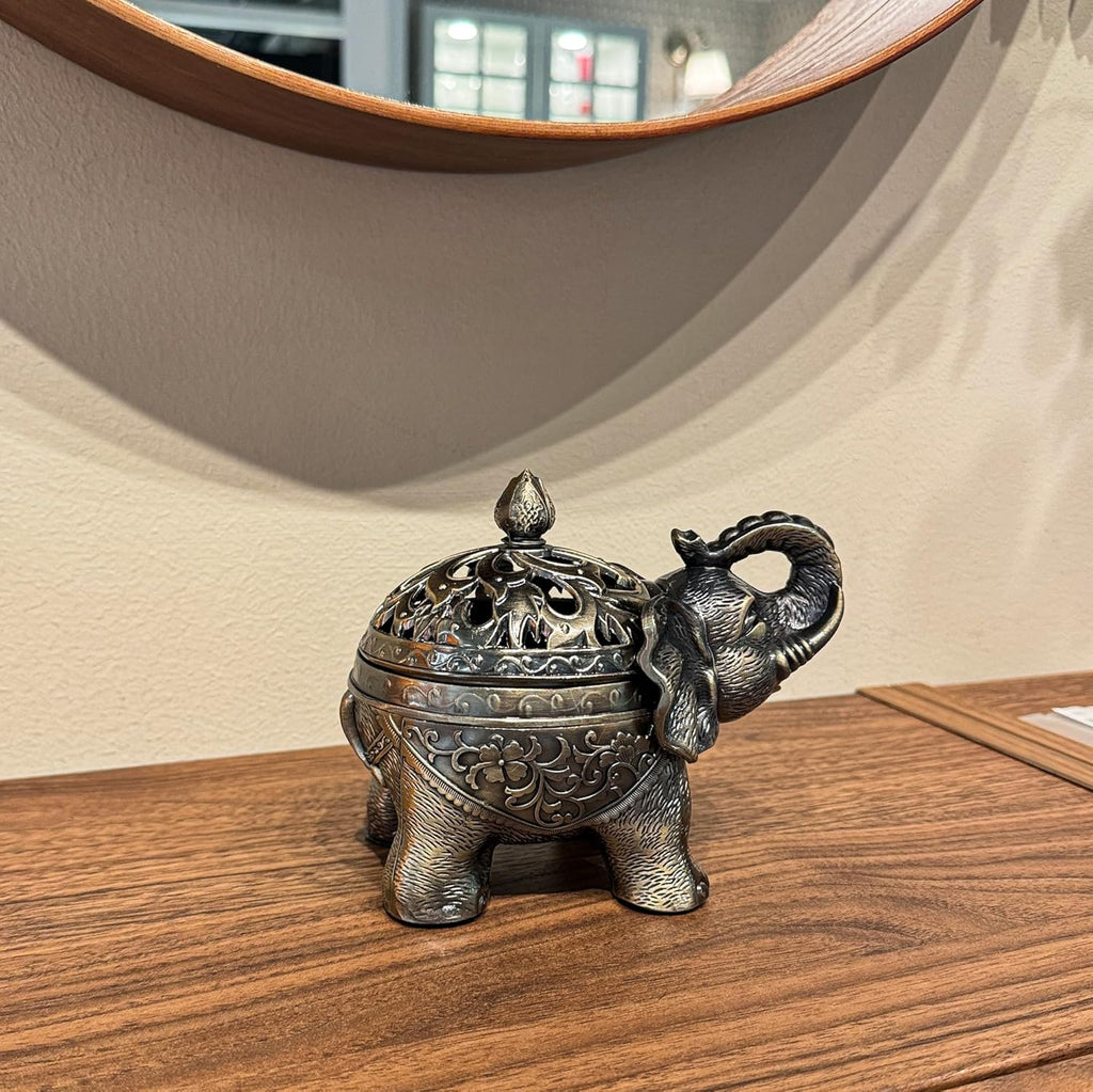 Feyarl Räuchergefäß Vintage Räucher- Elefant Metall Weihrauchbrenner Räucherstäbchenhalter mit Deckel für Hause Büro Yoga Dekoration