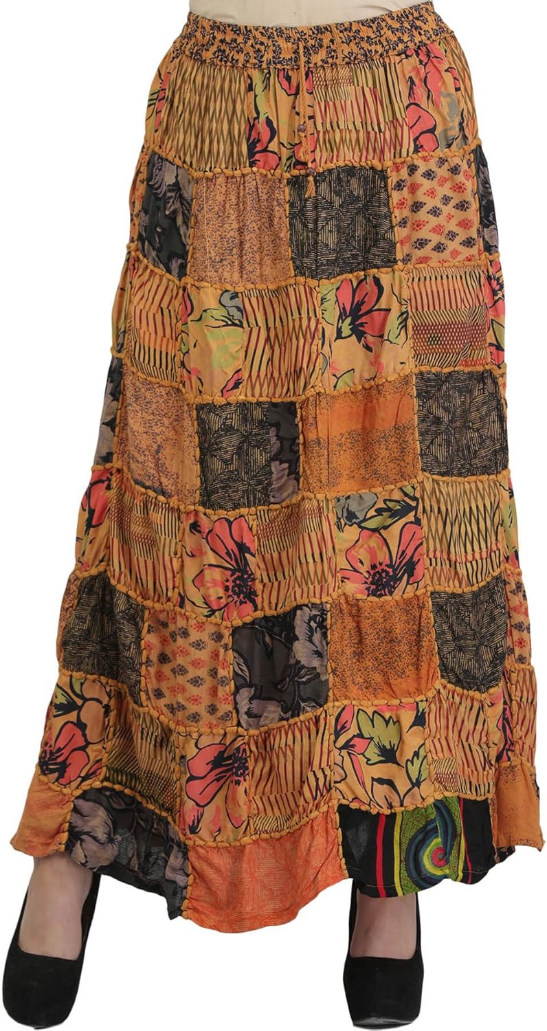 Exotic India Long Printed Dori Skirt from Gujarat with Patch Work - Rayon