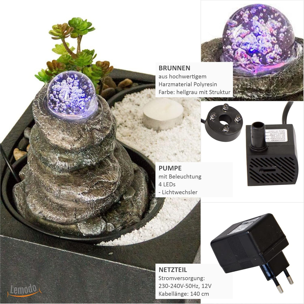 Zimmerbrunnen mit LED-Beleuchtung | Tischbrunnen mit Wasserfall und beweglicher Glaskugel | dekorativer Zierbrunnen mit Feng Shui Elementen | Springbrunnen mit Yin Yang Felsengarten für Zuhause