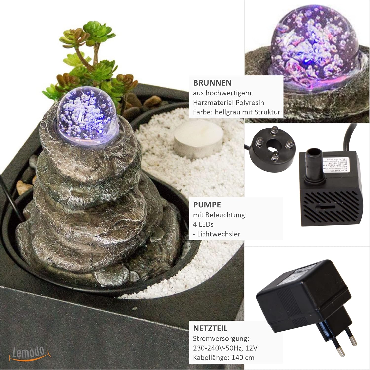Zimmerbrunnen mit LED-Beleuchtung | Tischbrunnen mit Wasserfall und beweglicher Glaskugel | dekorativer Zierbrunnen mit Feng Shui Elementen | Springbrunnen mit Yin Yang Felsengarten für Zuhause