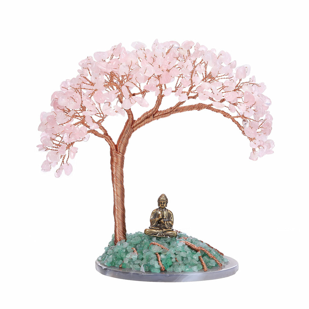 GEHECRST Feng Shui Geldbaum Buddha Figur Lebensbaum Deko mit Achat Basis Heilstein Glücksbringer Baum Trommelsteine Glückbaum Dekoration für Reichtum Glück Gesundheit (7 Chakra)