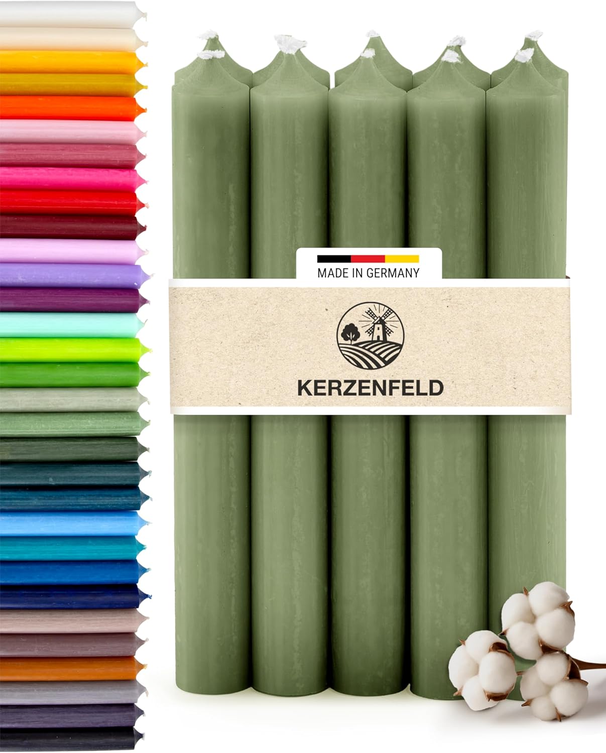 Bunte Stabkerzen Durchgefärbte, 10 Stück, 180mm x 22mm, Spitzkerzen, 8+ Stunden Brenndauer, Made in Germany - Ohne Tropfen & Rußen - Unparfümierte und RAL-Zertifizierte Tafelkerzen (Jade Grün)