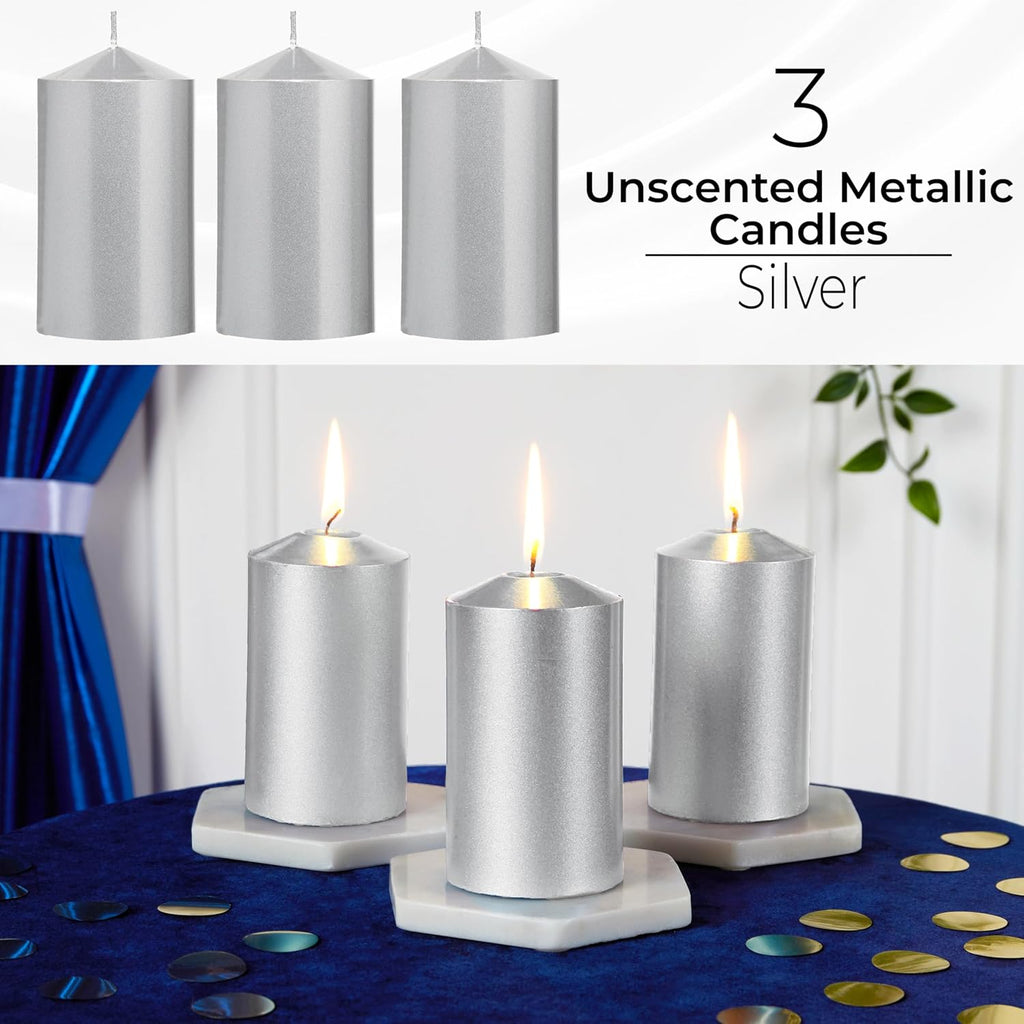 DECO EXPRESS Metallic Pillar Candle Set, 3 Pack, Candles Long Burn Time, 30 Hours, Odourless (Silver - Pack of 3)