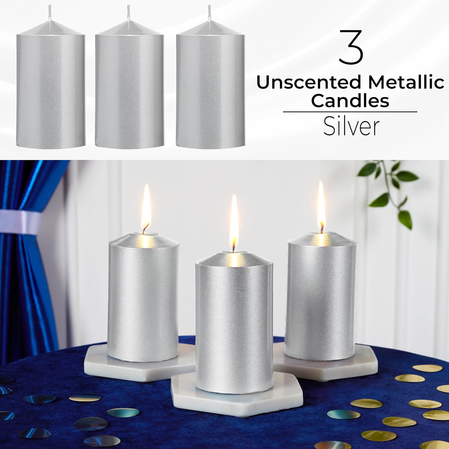 DECO EXPRESS Metallic Pillar Candle Set, 3 Pack, Candles Long Burn Time, 30 Hours, Odourless (Silver - Pack of 3)