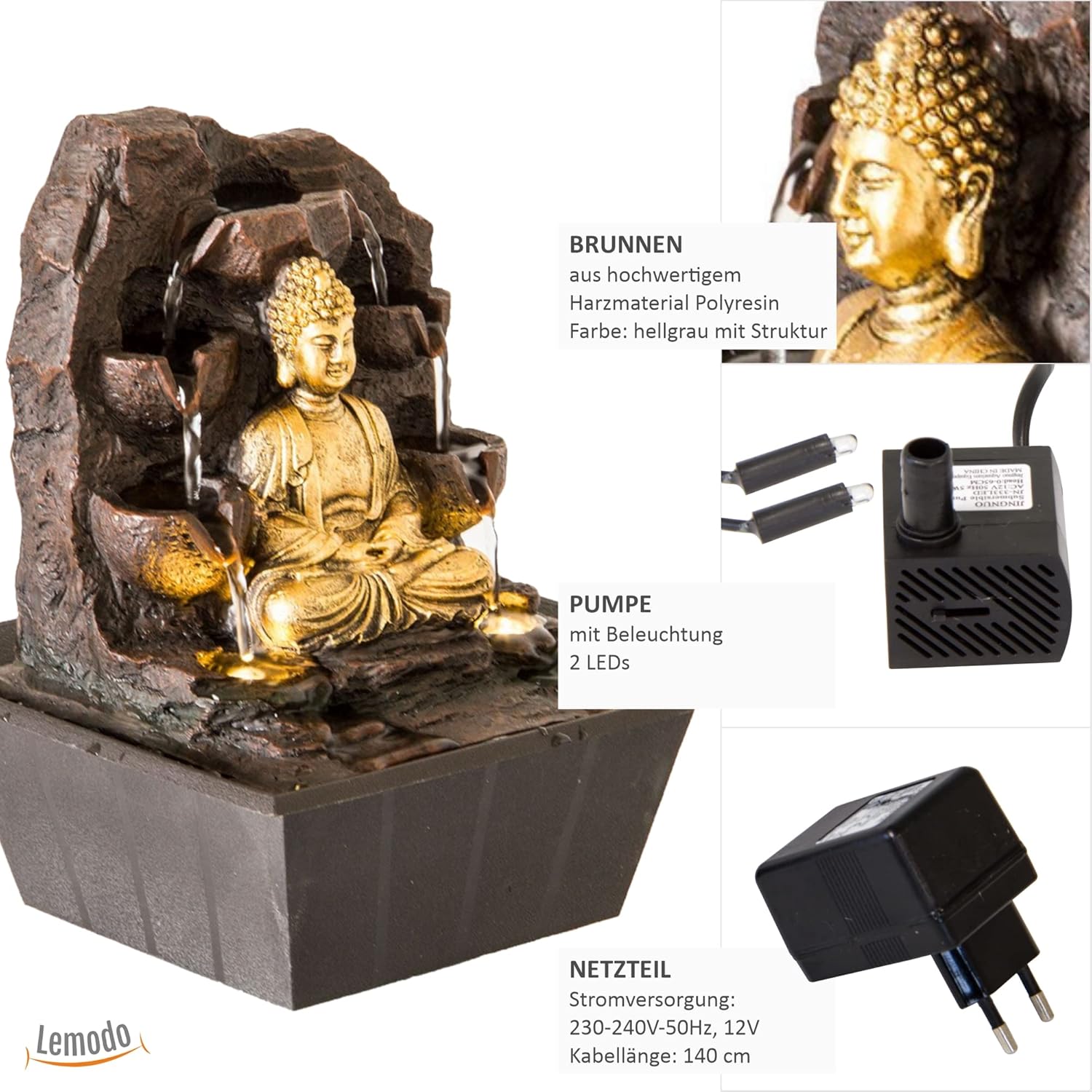 Indoor Fountain Golden Buddha with LED Lighting Table Fountain with Waterfall Decorative Fountain in Rock Look Zen Feel-Good Fountain for Home
