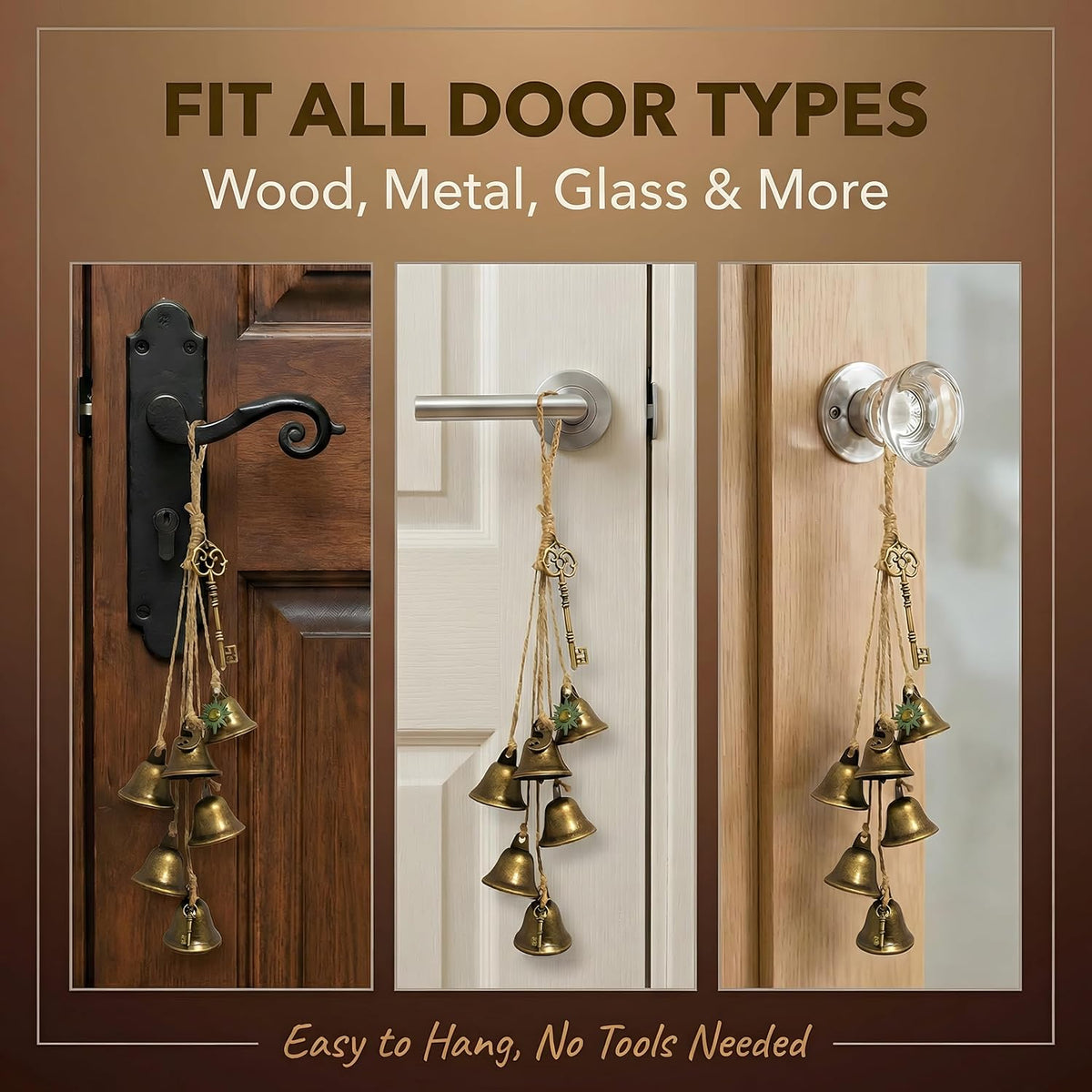 Witch Bells for Door Knob for Protection, 2 Pack Handmade Witch Bells 13.5 & 12.2 Inch with Brass Bells and Spell Jars, Vintage Boho Witchy Decor Witchcraft Supplies Wiccan Gifts for Home Wall Door