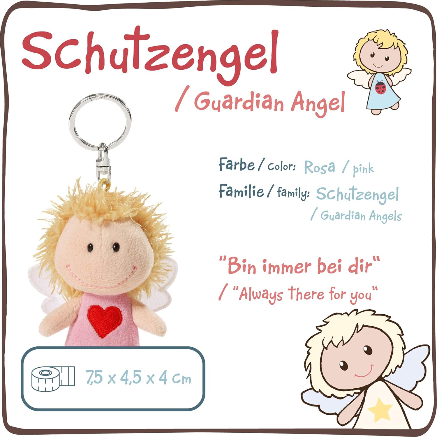 NICI Schlüsselanhänger Schutzengel „Bin immer bei dir“, Glücksbringer Engel I Schutzengel mit Herz I Engel Schlüsselanhänger für Schlüsselband, Schlüsselbund & Schlüsselkette I 34554, 7 cm