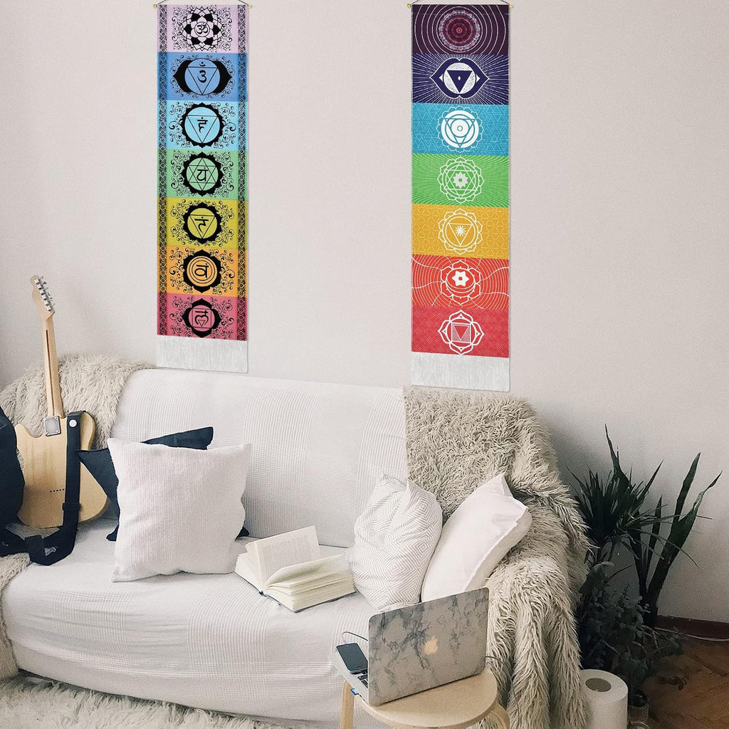 Yugarlibi Set of 2 Chakra Wall Hangings, Meditation Yoga Trippy Tapestry with Tassel, Mandala Tapestry, Wall Hangings for Bedroom, Living Room, Black and White Chakra 130 x 32.5 cm