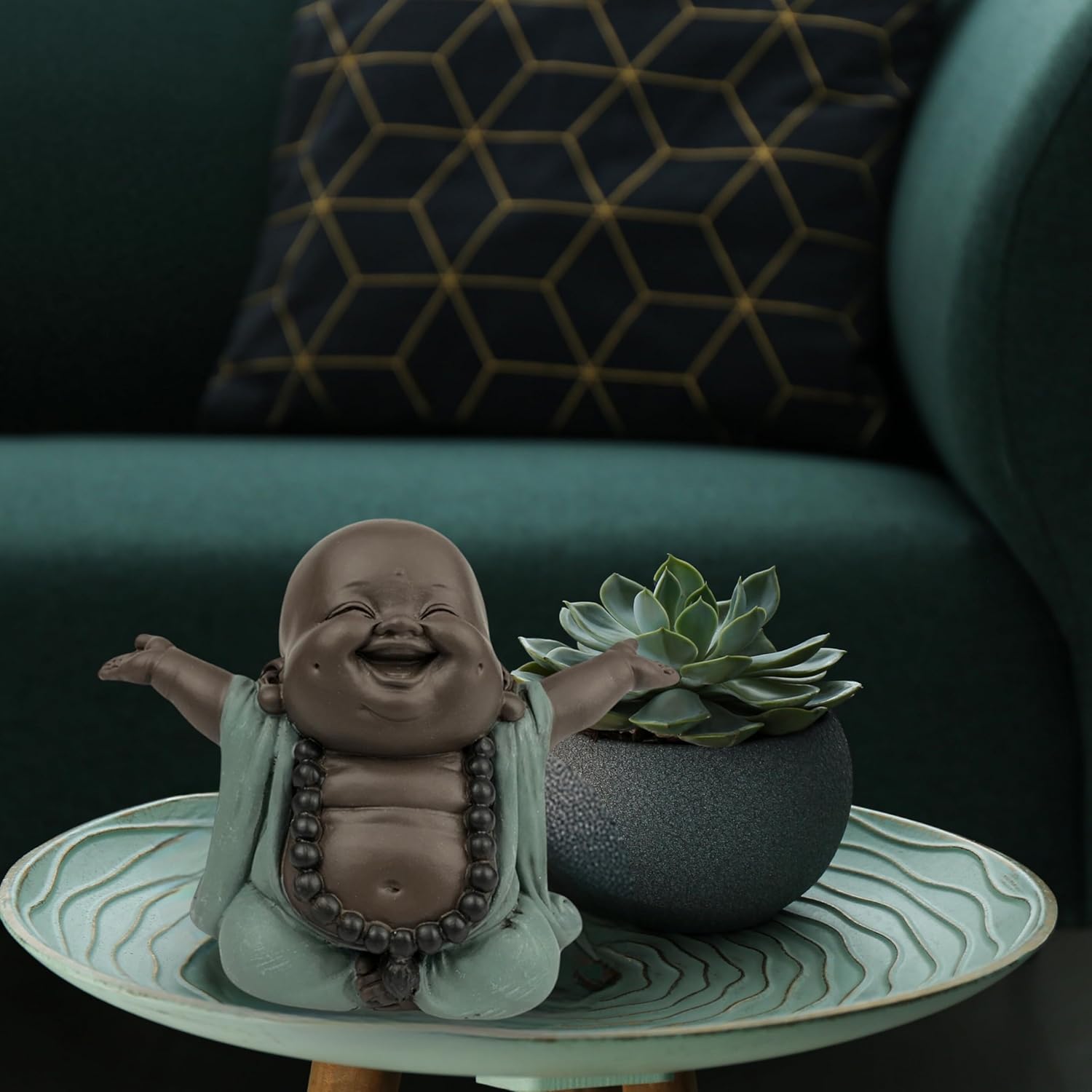 Lachender Buddha Willkommen - Glücksbringer Statue - Zen und Feng Shui Dekoration - für eine entspannende und spirituelle Atmosphäre - Geschenkidee - Breite: 9cm - Farbe: Grün und Braun - Zen'Light