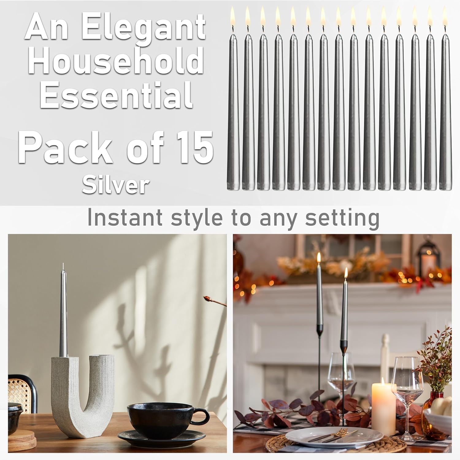 DECO EXPRESS Taper Candles Set of 6, 10, 15 or 50, Long Burning Time up to 8 Hours, Odourless (Silver, Set of 15)