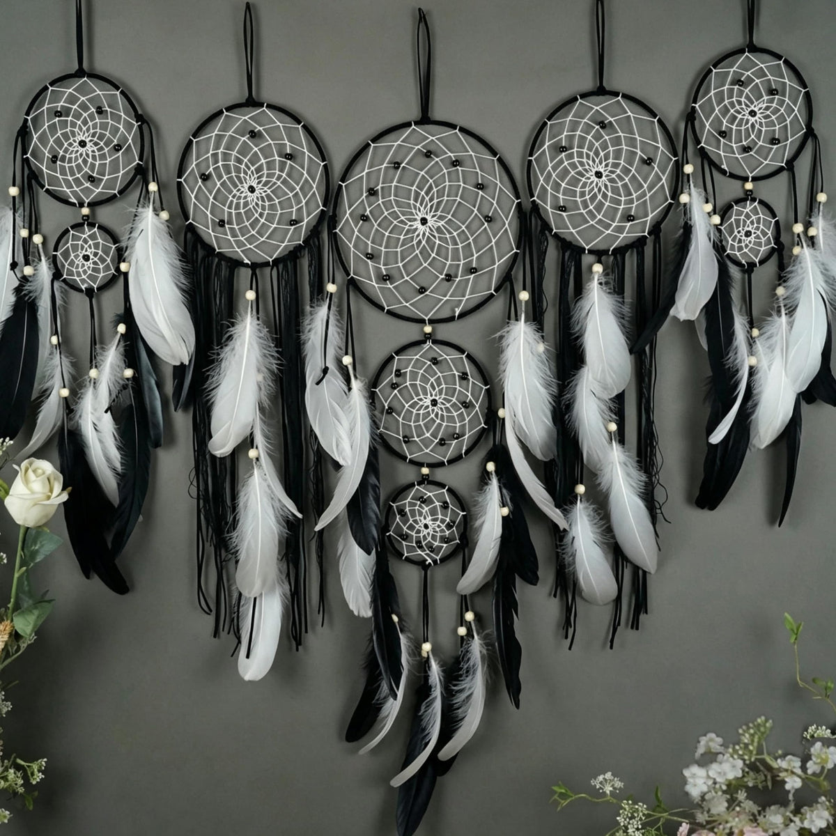 5 Pack Moon Phase Dreamcatcher Set Boho Wall Decor, Boho Macrame Wall Hanging Dream Catchers, for Home, Bedroom, Living Room, Witchy Gifts (Hemp Rope)