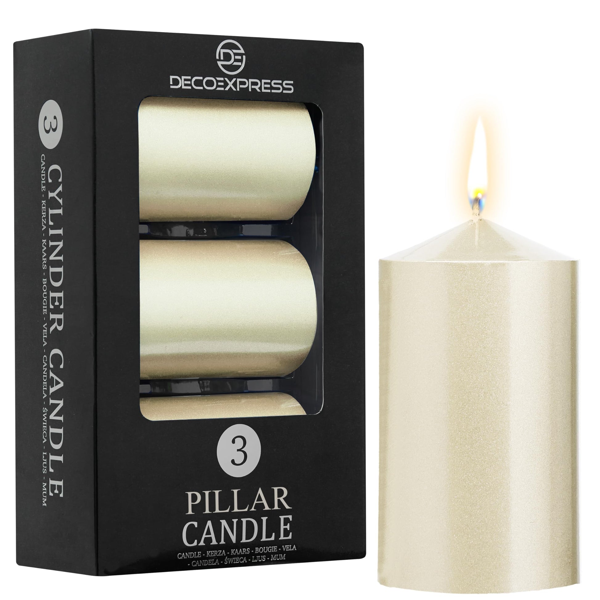 DECO EXPRESS Metallic Pillar Candle Set, 3 Pack, Candles Long Burn Time, 30 Hours, Odourless (Silver - Pack of 3)