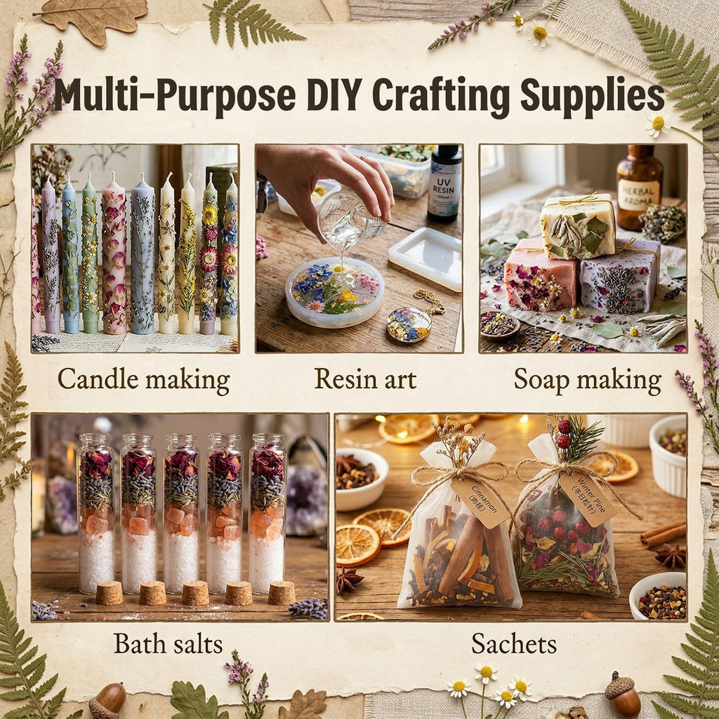 Dried Herbs and Flowers for Candle Soap Making, Lavender Rose for DIY Craft | 50 Bags Witchcraft Herbs for Altar Decor, Pagan Ritual, Bulk Botanical Jasmine Peony Rosemary Ideal for Resin Pressed Flowers
