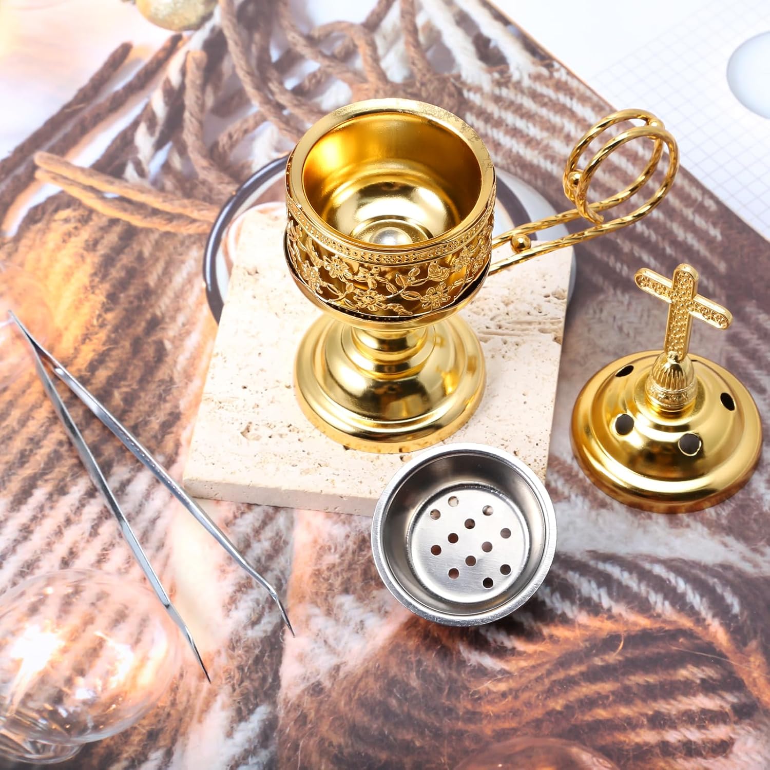 Yawlsow Räuchergefäß, Weihrauchkohle Räucherstäbchenständer, Bakhoor Räuchergefäß Halter, ideal für Aromatherapie, Yoga und Spa, Haus und christliche Kirche Räuchergefäß, (Gold), ATX0005-6