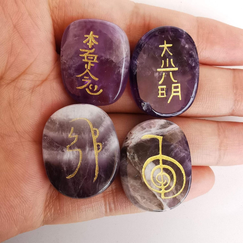 Lovionus89 4 Stück Amethyst Graviert Chakra Steine Heilung Kristall Reiki Ausbalancieren Palme Stein,25mm