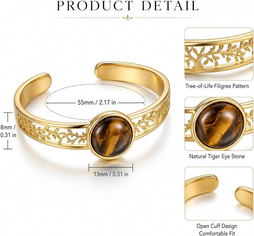 Tiger Eye Tree of Life Cuff Bracelet 14k Gold Plated Open Bangle