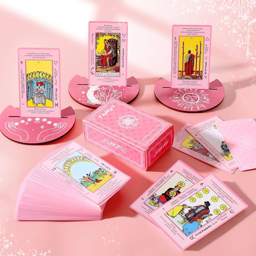 Myripoly Pink Tarot Cards Deck Set for Beginners-Classic Tarot Cards with Meanings on Them-17PC Tarot Witchcraft Kit,-Crystal Ball Divination- Fei Shui Bracelet