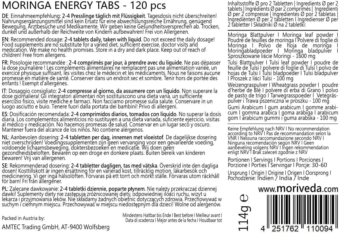 Moringa Energy Tabletten 3800mg - 180 Tage Vorrat - Moringa hochdosiert, mit Vitaminen, Proteinen & Aminosäuren in Ayurveda Spitzen-Qualität - Vegan & Glutenfrei - von MoriVeda - 360 Presslinge