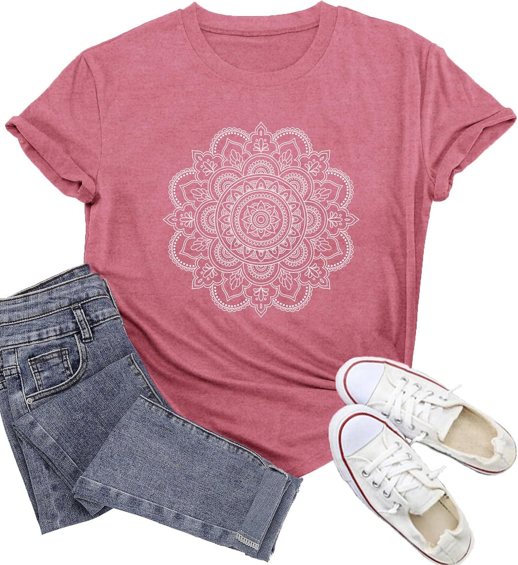 Wlen Boho Meditation Shirt for Women Yoga Mandala T-Shirts Pilates Tee Tops