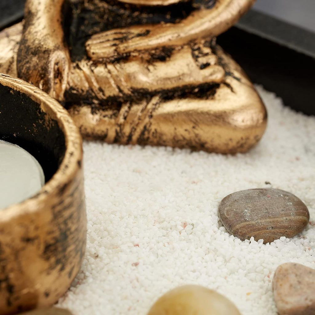 Relaxdays Zen Garten, mit Buddha, Steinen, Sand, Räucherstäbchen & Teelichthalter, Entspannung, Feng Shui Deko, schwarz