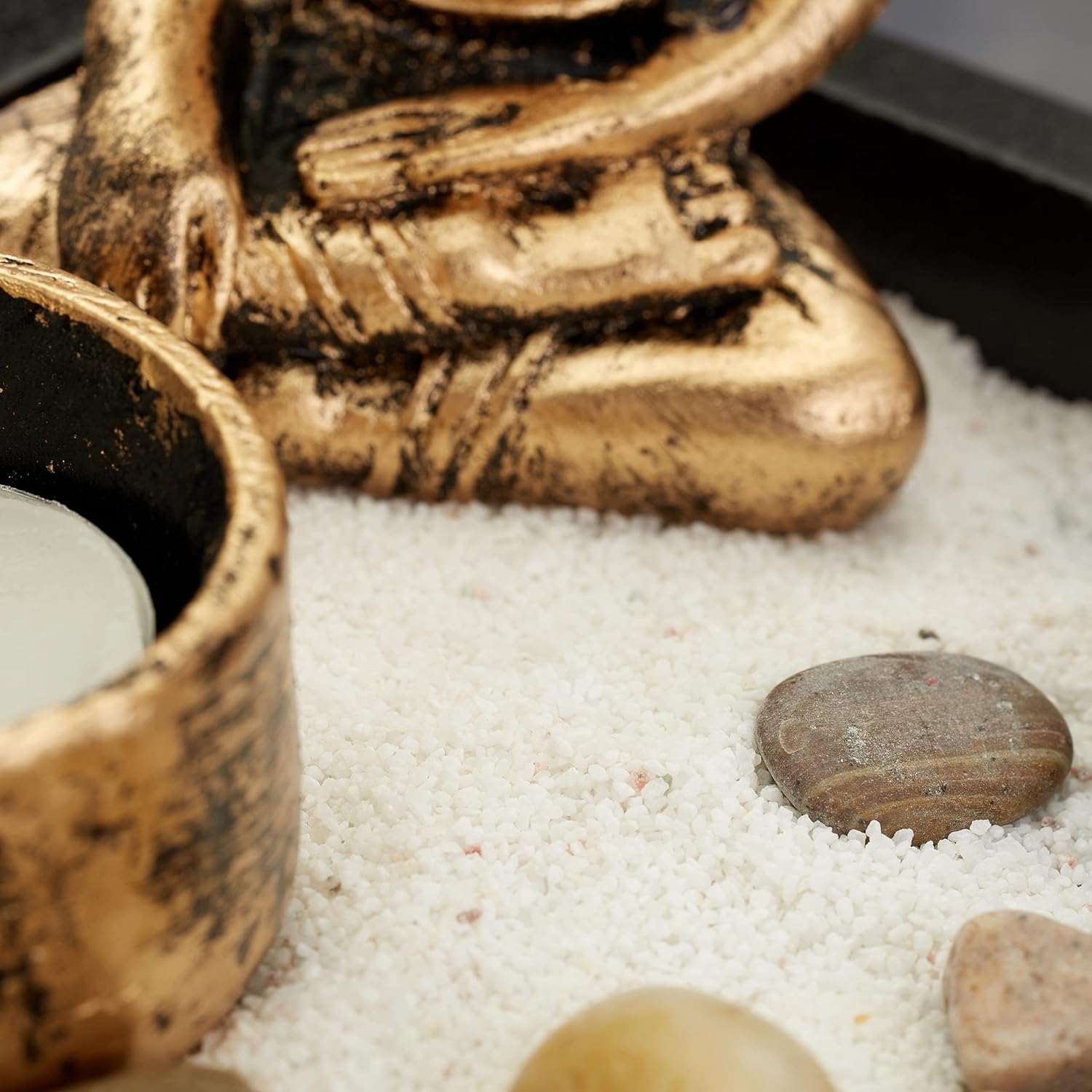 Relaxdays Zen Garten, mit Buddha, Steinen, Sand, Räucherstäbchen & Teelichthalter, Entspannung, Feng Shui Deko, schwarz
