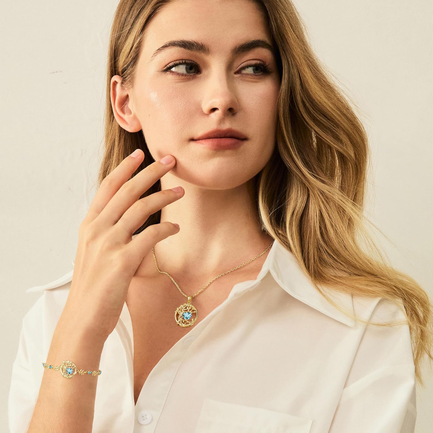 FANCIME Lebensbaum Geburtstein Kette für Damen Gelbgold Vergoldet Baum des Lebens Edelstein Anhänger Halskette Schmuck Geschenke für Damen Frauen Mädchen, Kettenlänge: 40+5 cm