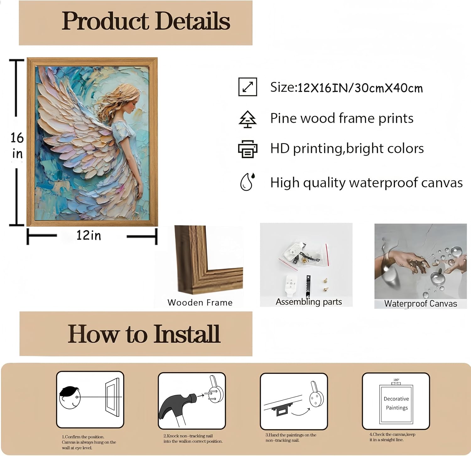 Praying Angel Wall Art – Spiritual Canvas Print, Colored Winged Angel Oil Painting Style Christian Religious Picture poster，Spiritual Blue and Pastel Tones Wall Decor for Bedroom, Prayer Room, Christian Gift, Wood Frame 12x16in